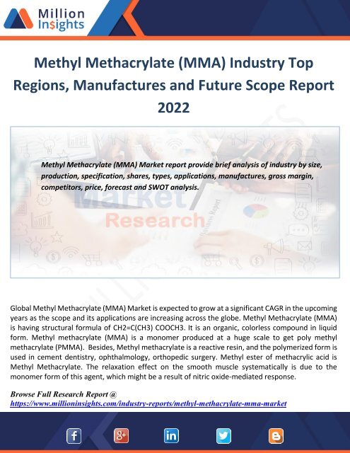 Methyl Methacrylate (MMA) Industry Top Regions, Manufactures and Future Scope Report 2022