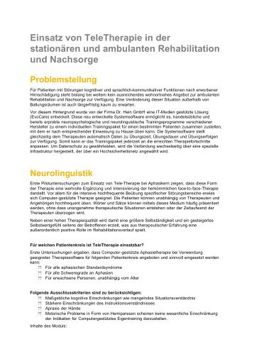 Einsatz von TeleTherapie in der stationären und ... - Dr.Hein