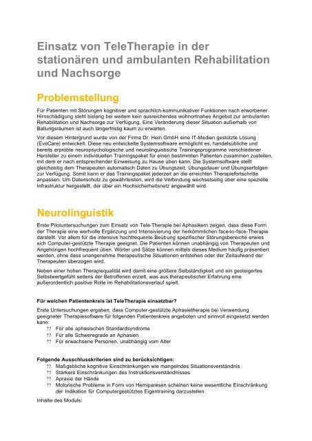 Einsatz von TeleTherapie in der stationären und ... - Dr.Hein