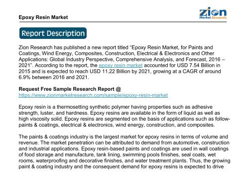 Global Epoxy Resin Market, 2015 – 2021