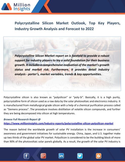 Polycrystalline Silicon Market Outlook, Top Key Players, Industry Growth Analysis and Forecast to 2022