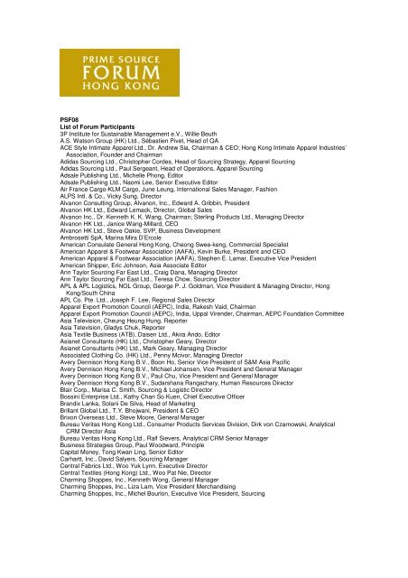 PSF08 List of Forum Participants 3P Institute for Sustainable
