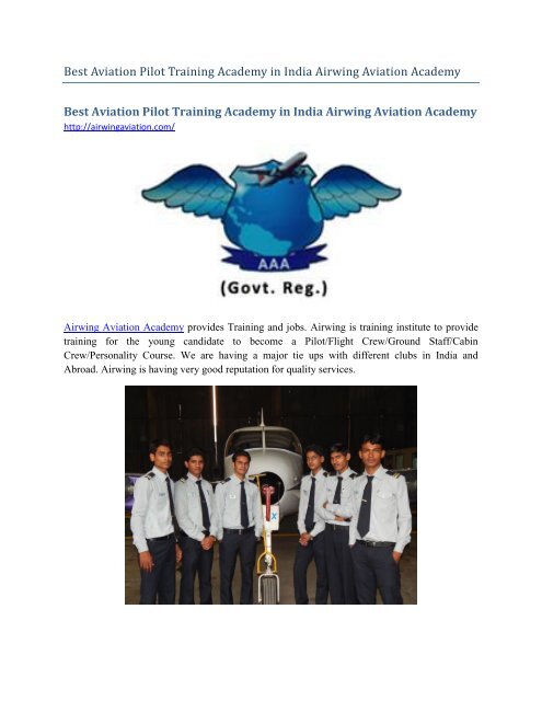 Best Aviation Pilot Training Academy in India Airwing Aviation Academy