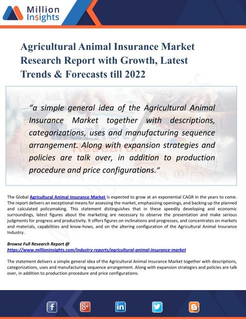 Agricultural Animal Insurance Market 2022 -Global Industry Demand, Trend, Growth Analysis and Forecast Research Report