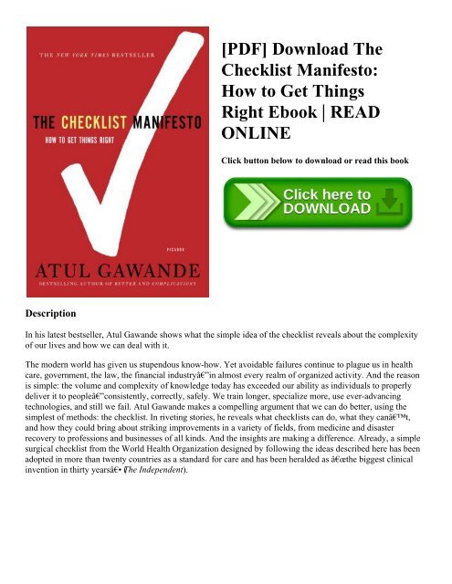 [PDF] Download The Checklist Manifesto: How to Get Things Right Ebook | READ ONLINE