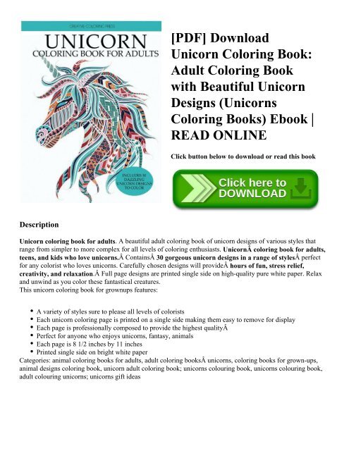 Pdf Download Unicorn Coloring Book Adult Coloring Book With Beautiful Unicorn Designs Unicorns Coloring Books Ebook