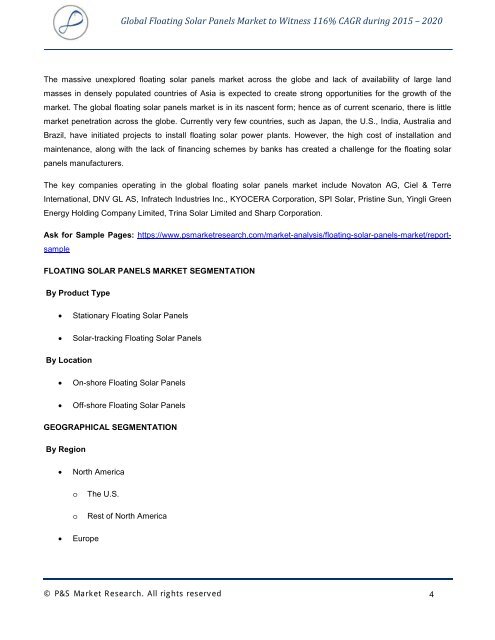 Floating Solar Panels Market Analysis and Demand Forecast to 2020