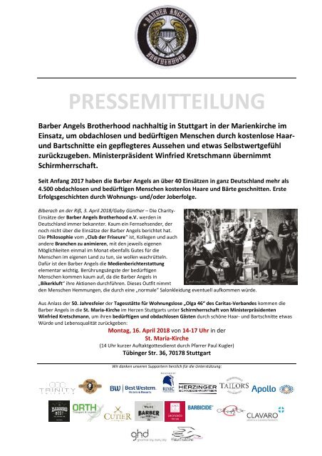 Pressemitteilung: Barber Angels nachhaltig in Stuttgart am 16. April 2018 in der Marienkirche im Einsatz