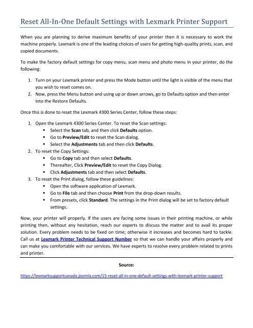 Reset All-In-One Default Settings with Lexmark Printer Support