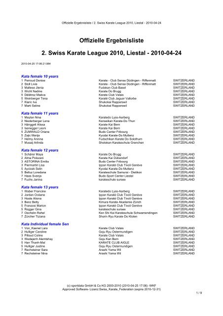 Offizielle Ergebnisliste 2. Swiss Karate League 2010, Liestal - 2010 ...