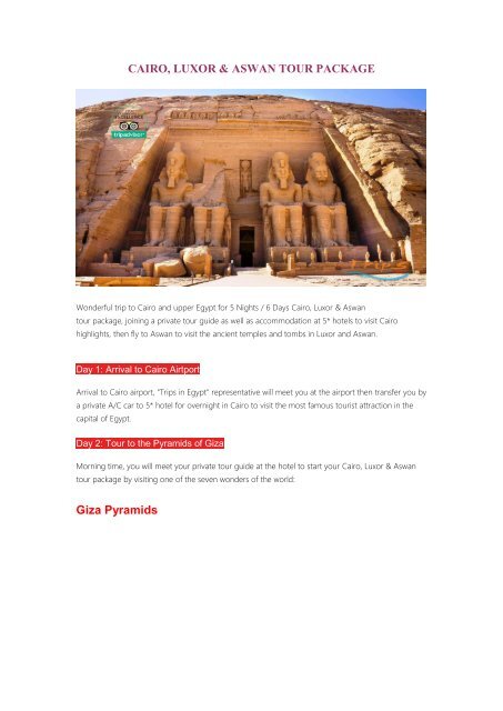  Cairo Louxor & Aswan Tour Packages