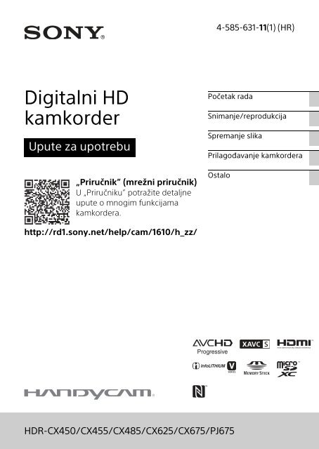 Sony HDR-CX450 - HDR-CX450 Istruzioni per l'uso Croato