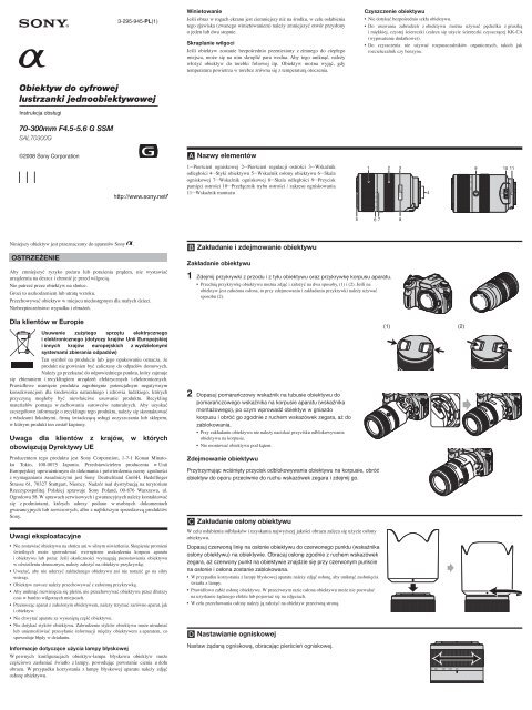 Sony SAL70300G - SAL70300G Consignes d&rsquo;utilisation Polonais