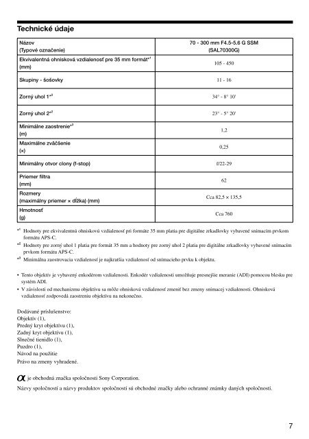 Sony SAL70300G - SAL70300G Consignes d&rsquo;utilisation Slovaque