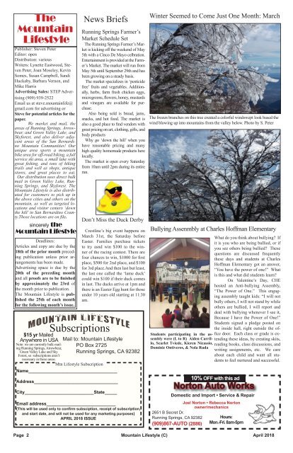 Mountain Lifestyle-Crestline &amp; Lake Arrowhead edition-April 2018