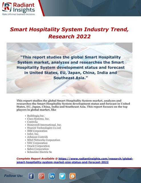 Smart Hospitality System Industry Trend, Research 2022