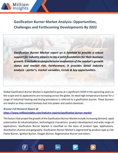 Gasification Burner Market Analysis Opportunities, Challenges and Forthcoming Developments By 2022