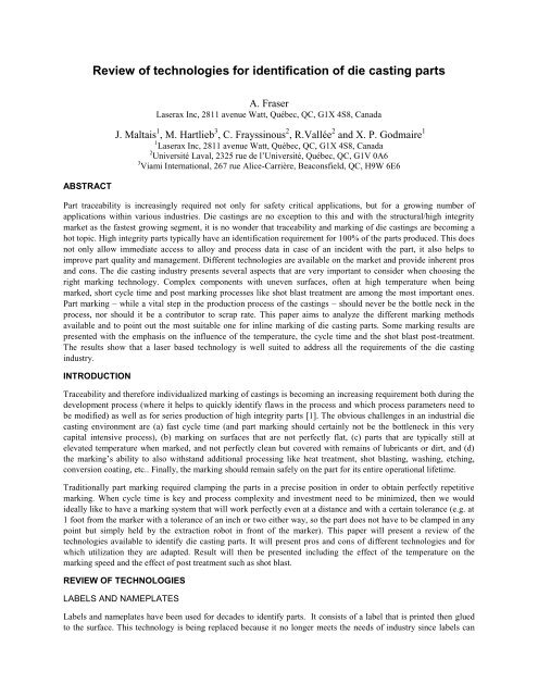 Review of technologies for identification of die casting parts