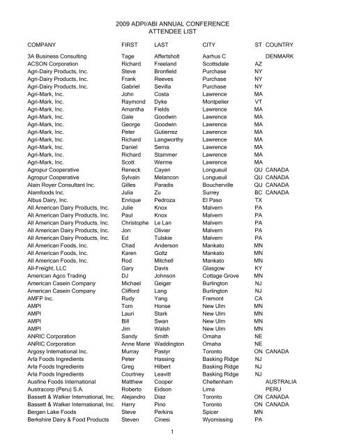 Final Attendee List Adpi American Dairy Products Institute