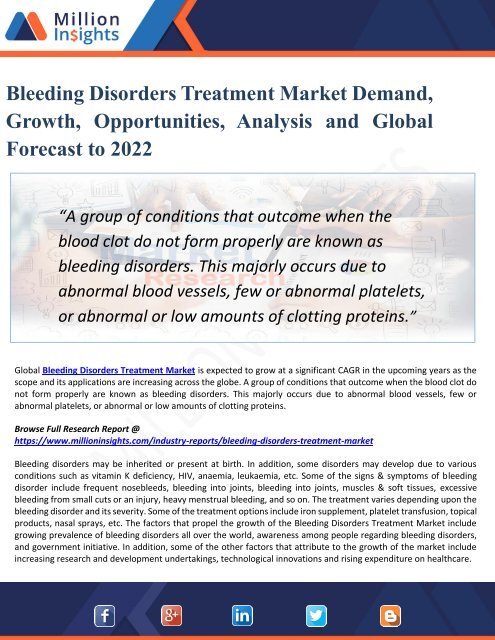 Bleeding Disorders Treatment Industry 2022 - Global Market Growth, Trends, Share and Demands Research Report