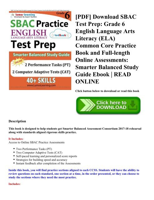 [PDF] Download SBAC Test Prep: Grade 6 English Language Arts Literacy (ELA) Common Core Practice Book and Full-length Online Assessments: Smarter Balanced Study Guide Ebook | READ ONLINE