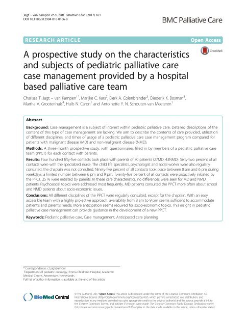 A prospective study on the characteristics and subjects of pediatric palliative care case management provided by a hospital based palliatieve care team