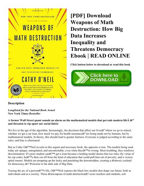 [PDF] Download Weapons of Math Destruction: How Big Data Increases Inequality and Threatens Democracy Ebook | READ ONLINE