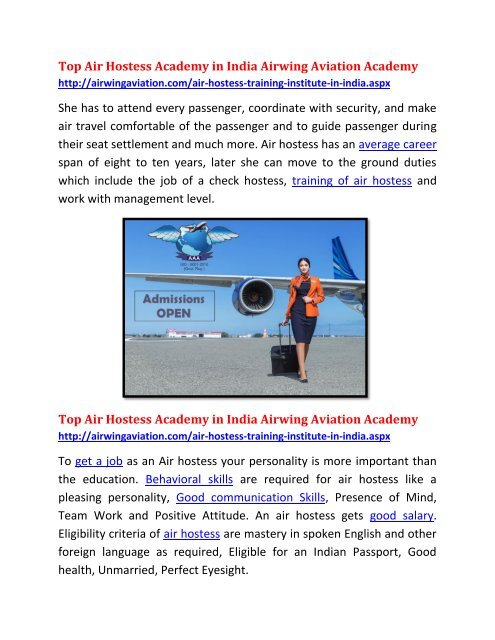 Top Air Hostess Academy in India Airwing Aviation Academy