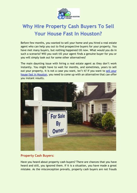 Why Hire Property Cash Buyers To Sell Your House Fast In Houston