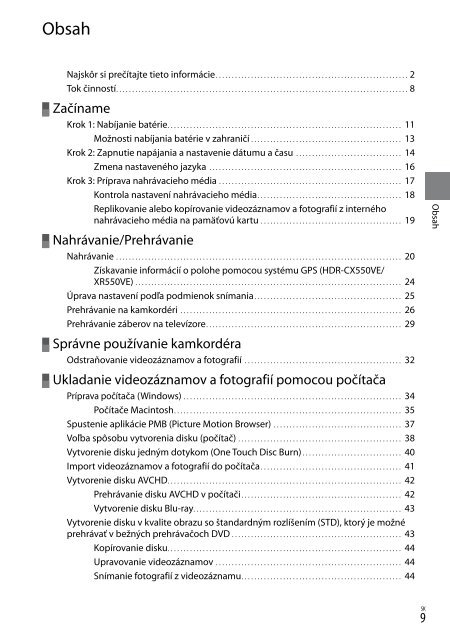 Sony HDR-XR550E - HDR-XR550E Istruzioni per l'uso Slovacco
