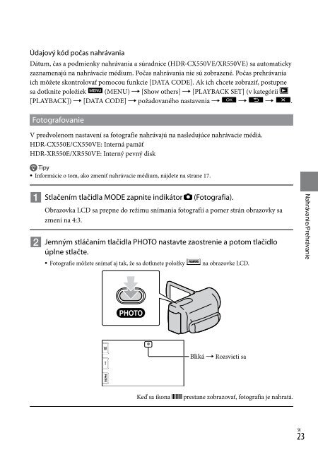 Sony HDR-XR550E - HDR-XR550E Istruzioni per l'uso Slovacco