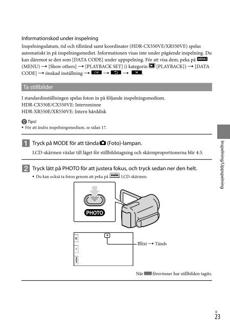 Sony HDR-XR550E - HDR-XR550E Istruzioni per l'uso Svedese