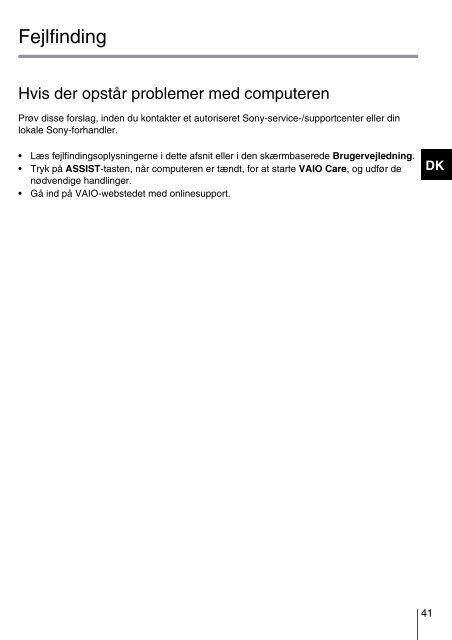 Sony VPCZ23V9R - VPCZ23V9R Guide de d&eacute;pannage Danois