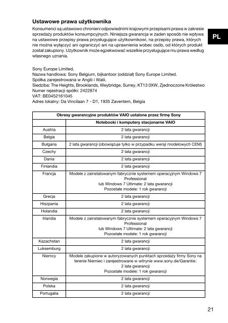 Sony VPCZ23V9R - VPCZ23V9R Documents de garantie Roumain