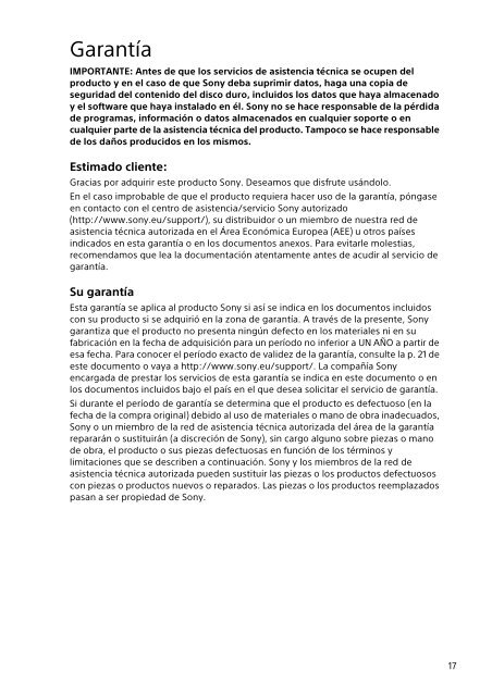 Sony VPCZ23V9R - VPCZ23V9R Documents de garantie Espagnol