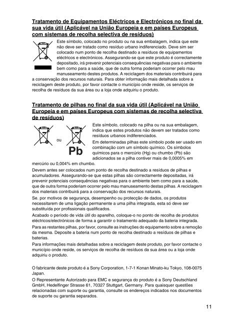 Sony VPCZ23V9R - VPCZ23V9R Documents de garantie Portugais