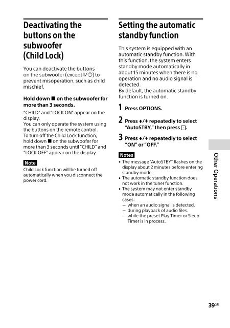 Sony HT-GT1 - HT-GT1 Mode d'emploi Anglais