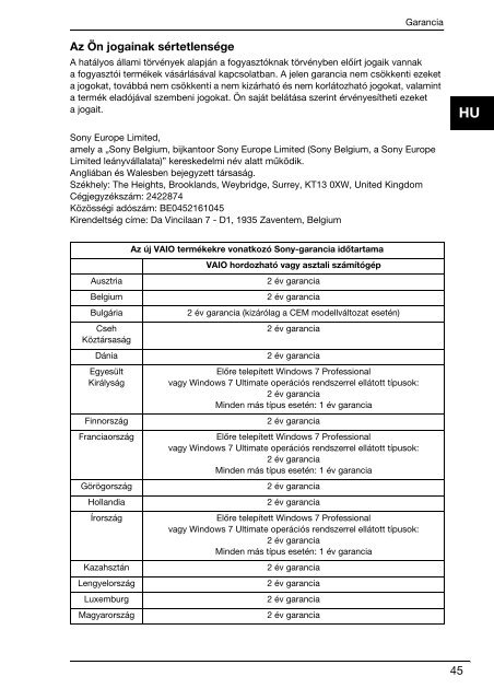 Sony VPCEC4S1E - VPCEC4S1E Documenti garanzia Ungherese