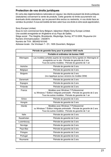 Sony VPCEC4S1E - VPCEC4S1E Documenti garanzia Francese