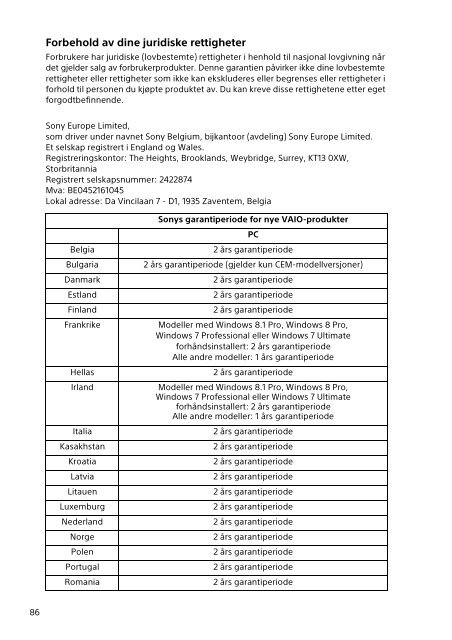 Sony SVT1122B4E - SVT1122B4E Documenti garanzia Norvegese