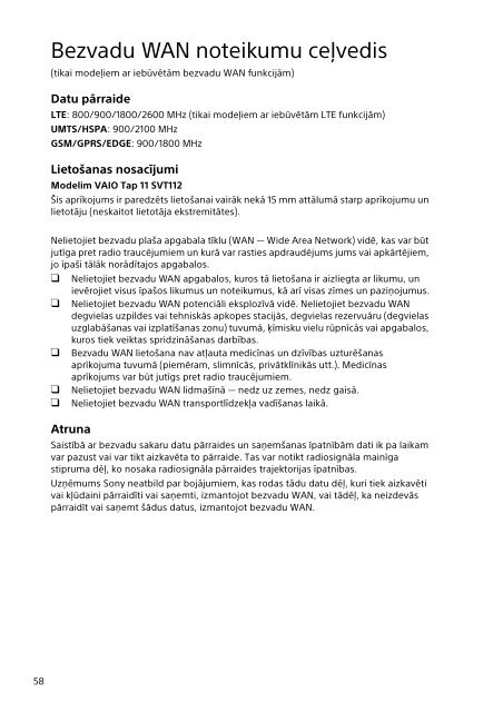 Sony SVT1122B4E - SVT1122B4E Documenti garanzia Lettone