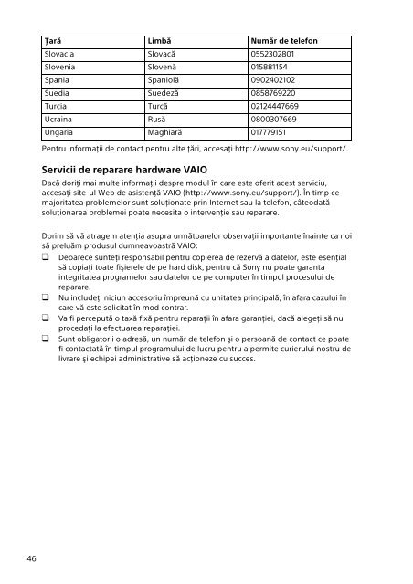 Sony SVT1122B4E - SVT1122B4E Documenti garanzia Rumeno