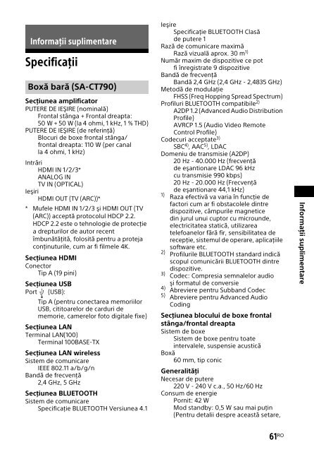 Sony HT-CT790 - HT-CT790 Istruzioni per l'uso Rumeno