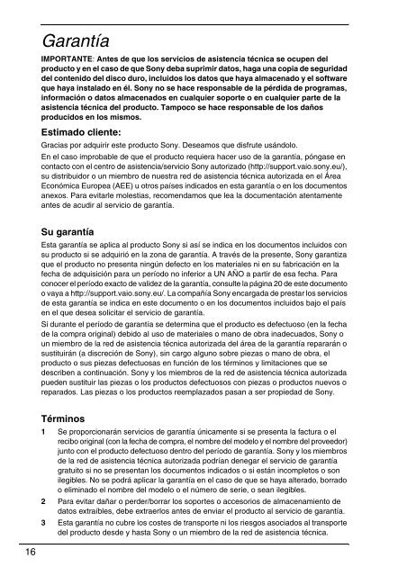 Sony VPCZ13M9E - VPCZ13M9E Documents de garantie Espagnol