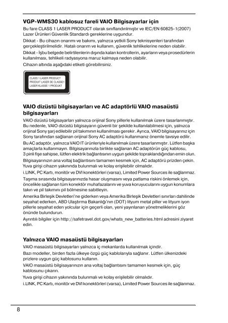 Sony VPCZ13M9E - VPCZ13M9E Documents de garantie Turc