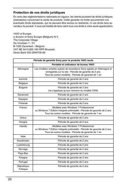 Sony VPCZ13M9E - VPCZ13M9E Documents de garantie Fran&ccedil;ais