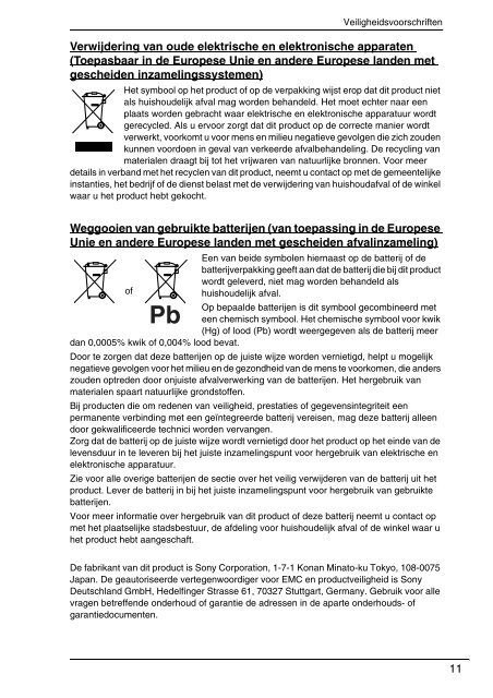 Sony VPCZ13M9E - VPCZ13M9E Documents de garantie N&eacute;erlandais