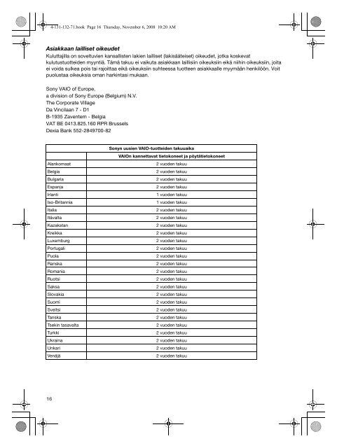 Sony VGN-FW32J - VGN-FW32J Documenti garanzia Finlandese