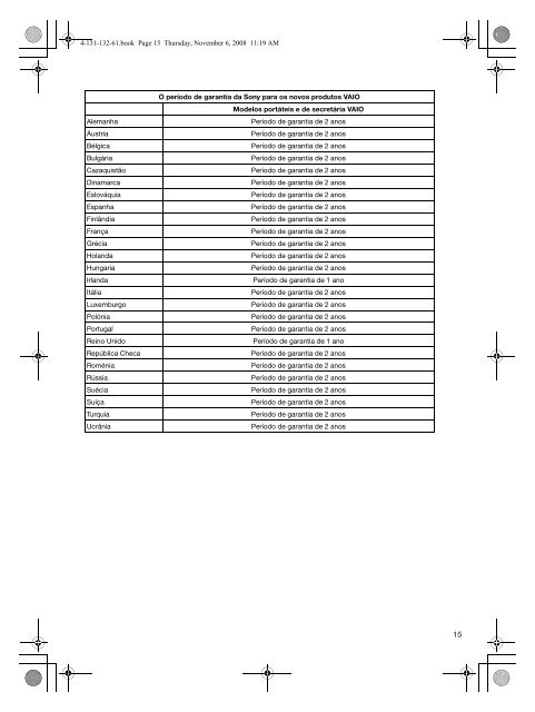 Sony VGN-FW32J - VGN-FW32J Documenti garanzia Portoghese