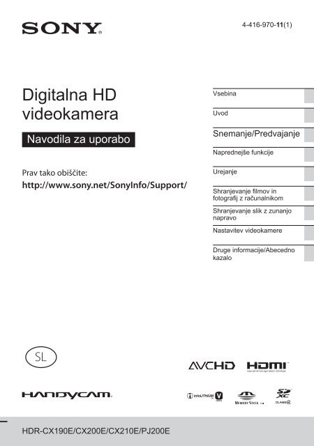 Sony HDR-CX320E - HDR-CX320E Mode d'emploi Slov&eacute;nien